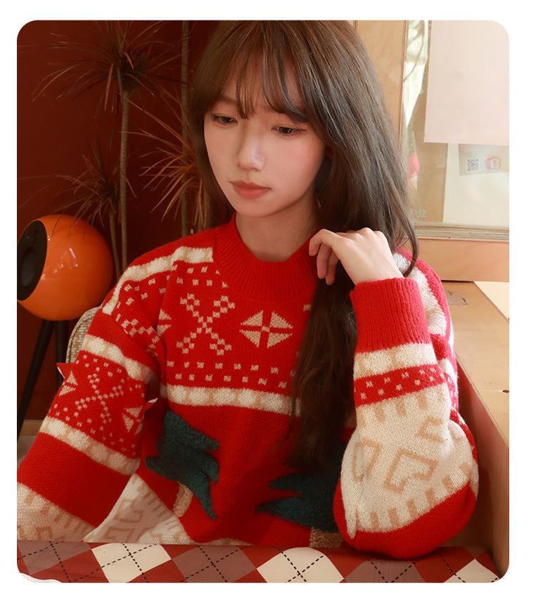 Autumn and Winter Christmas Sweater New Jacquard Knitted Sweater Cartoon Christmas Pattern Lazy Style Round Neck Pullover Long Shirt