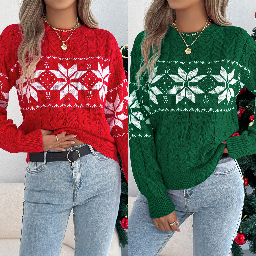 2025 Autumn and Winter European and American Snowflake Pattern Lantern Long Sleeve Pullover Sweater Amazon Cross-Border Women's Clothing Christmas