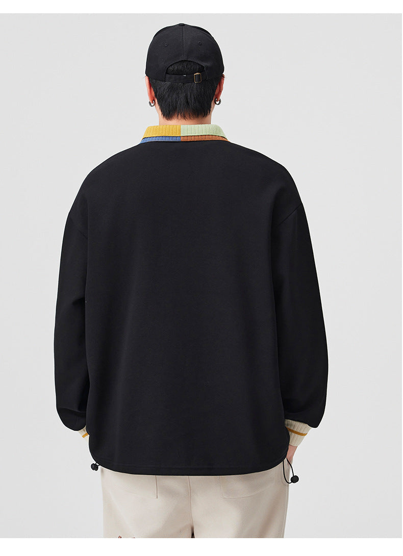Casual Retro Contrast Color Lapel 280g Sweatshirt High-End Polo Collar Top Trendy Loose Couple Autumn Sweatshirt