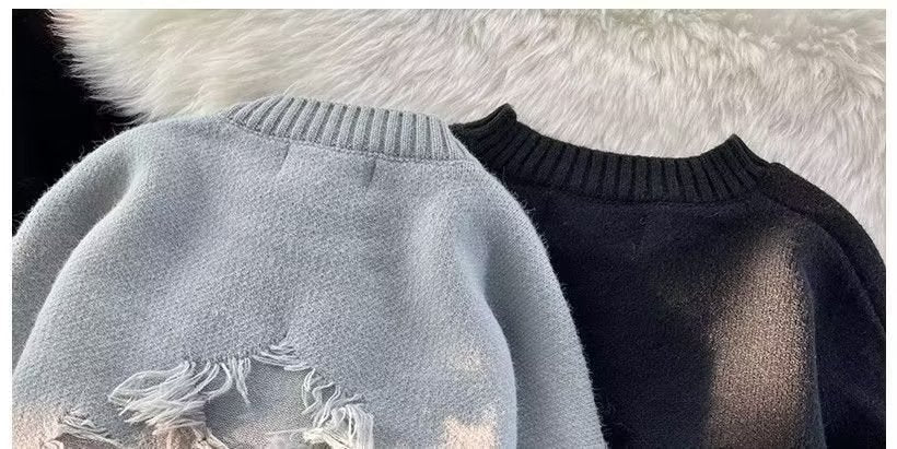 Autumn and Winter ripped sweater men's round neck pullover fashion brand High Street American Retro Japanese youth sweater
