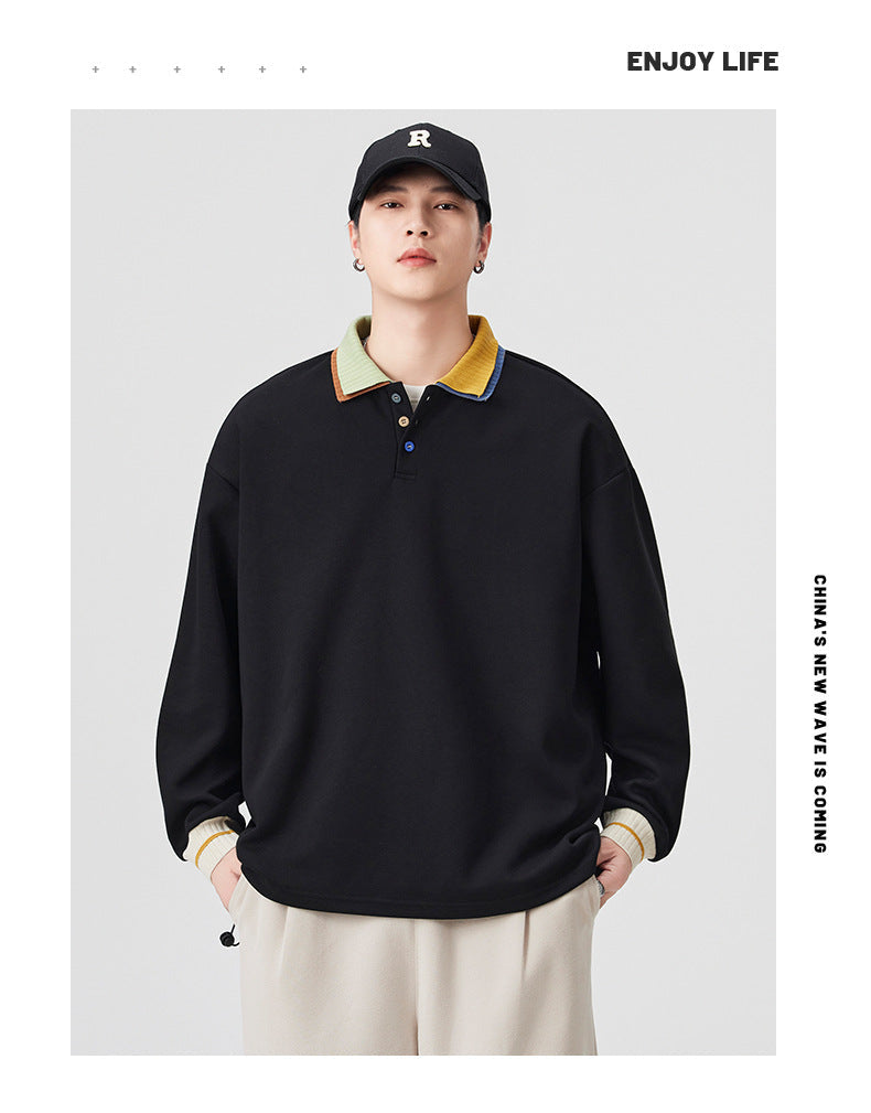 Casual Retro Contrast Color Lapel 280g Sweatshirt High-End Polo Collar Top Trendy Loose Couple Autumn Sweatshirt