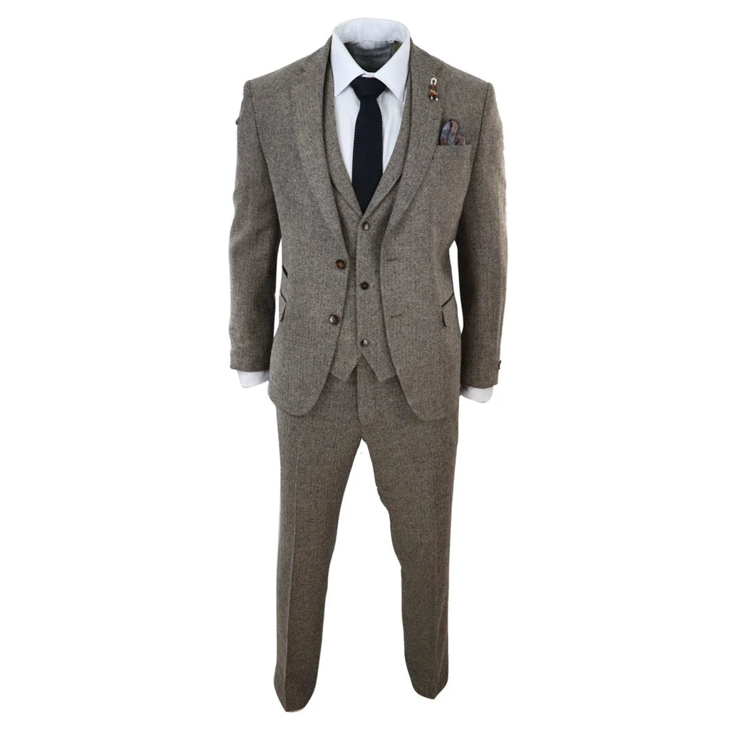 281-03 - Men's Oak 3 Piece Tweed Suit Herringbone Wool Fit