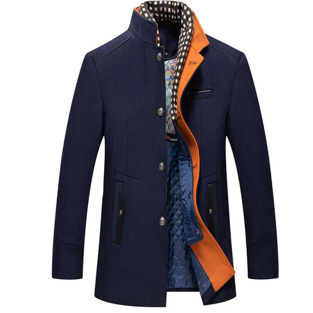 Mens Wool Coat Winter Overcoat Stand Collar Scarf Navy Blue Size M Biutimarden