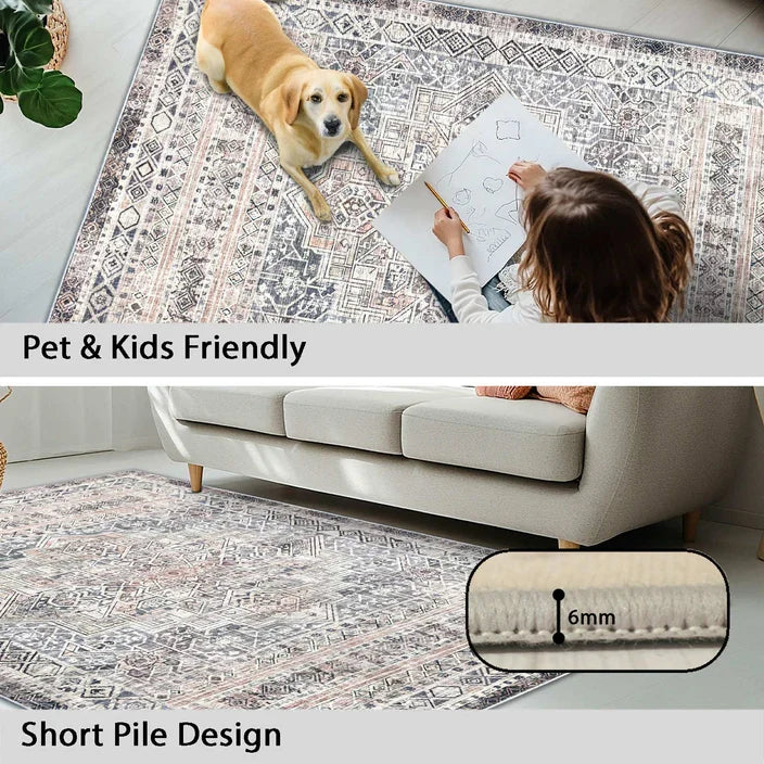 Washable Area Rug 170x240cm Moroccan Boho Traditional Beige Grey Vernal