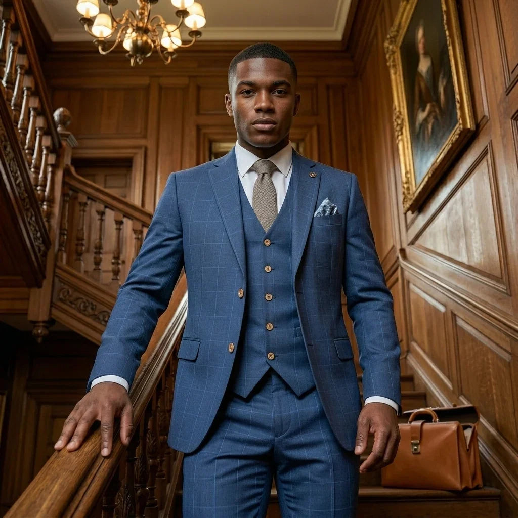 IM50 - Men's Blue Check 3 Piece Tailored Fit Suit