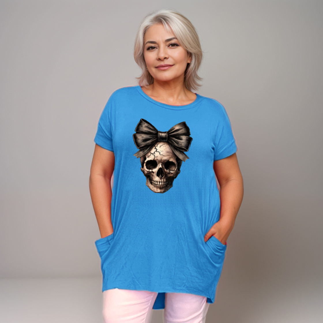 Long Skull with Bow T-Shirt with Side Pockets