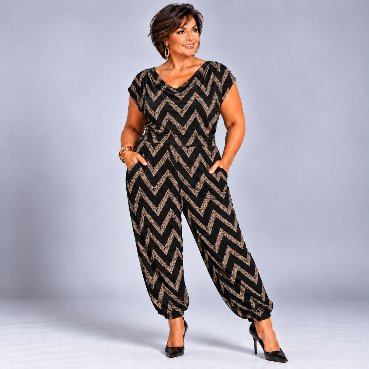 Zig Zag Print Cowl Neck Jumpsuit