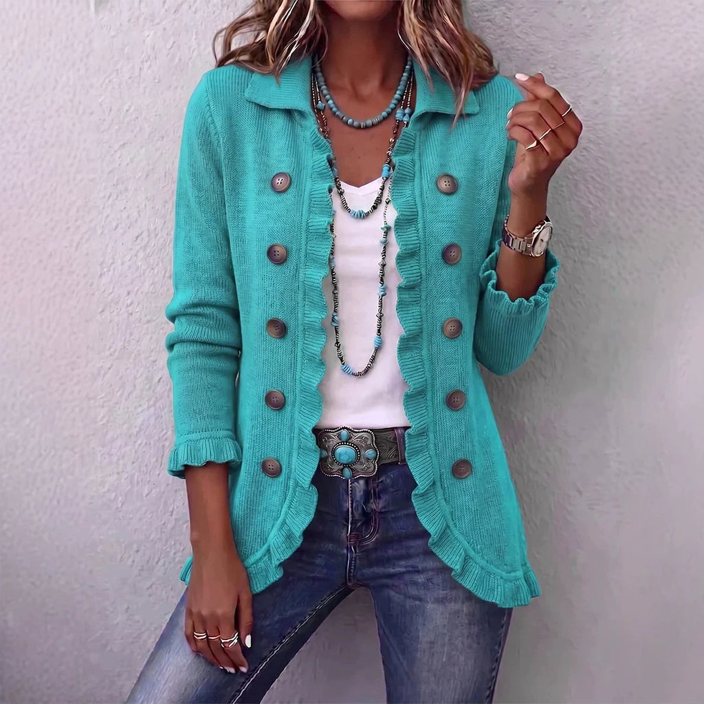 Women's Ruffle Knit Cardigan - Button-Front Long-Sleeve Sweater Jacket for Spring and Autumn
