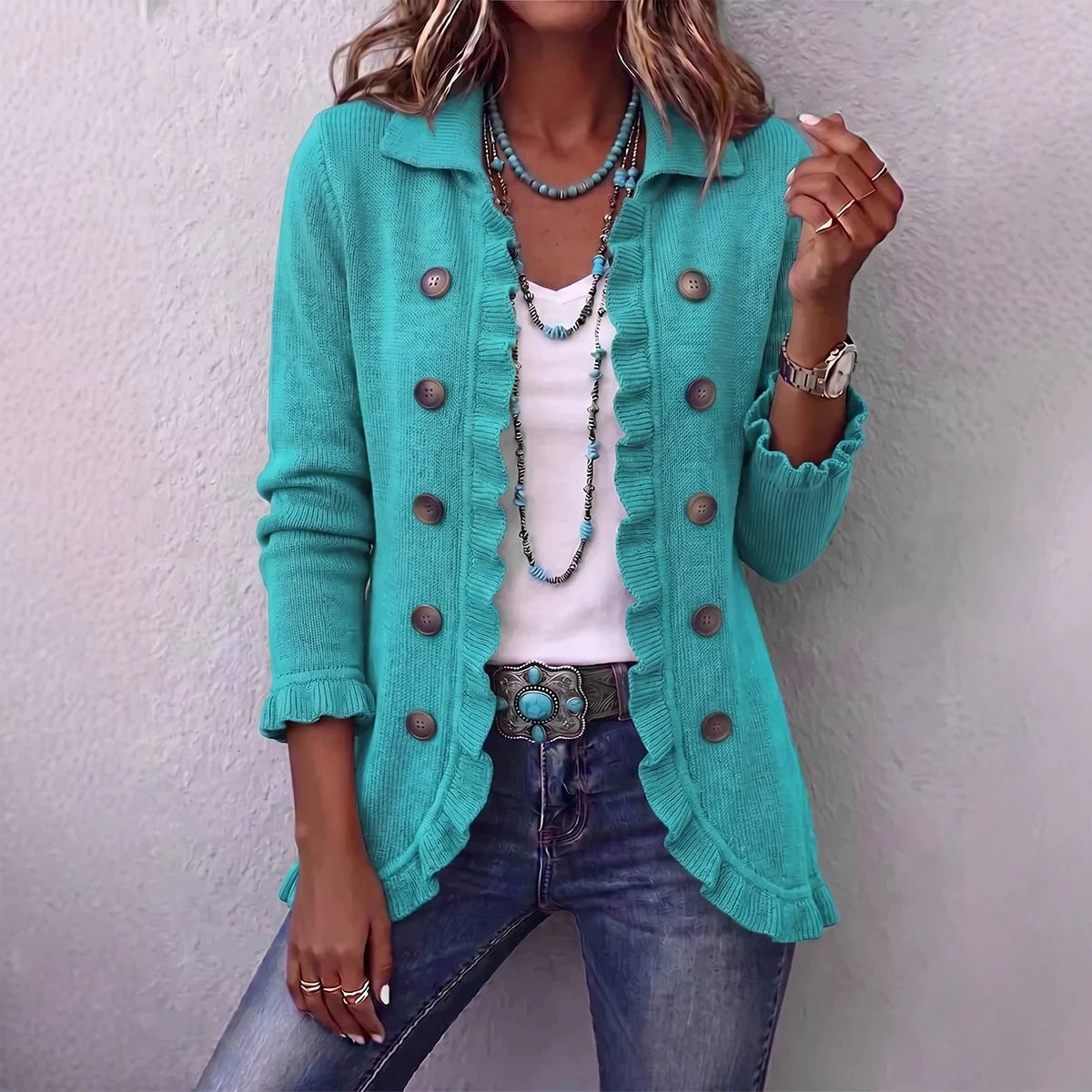 Women's Ruffle Knit Cardigan - Button-Front Long-Sleeve Sweater Jacket for Spring and Autumn