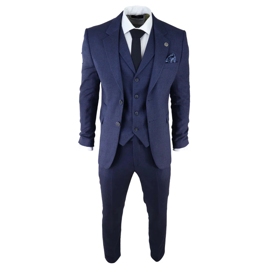 AK-04 - Men's Herringbone Tweed 3 Piece Blue Suit Wedding Blinders