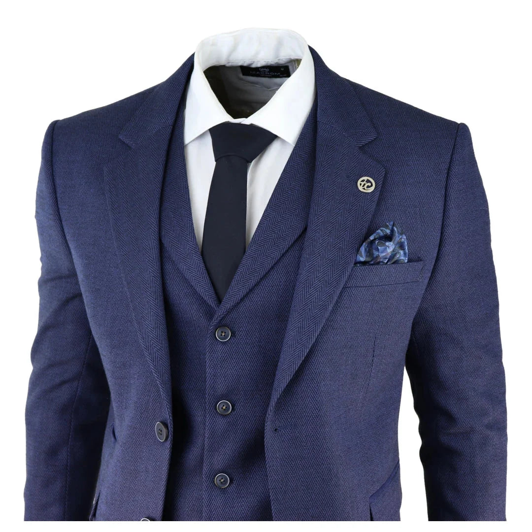 AK-04 - Men's Herringbone Tweed 3 Piece Blue Suit Wedding Blinders