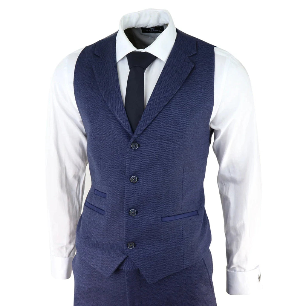AK-04 - Men's Herringbone Tweed 3 Piece Blue Suit Wedding Blinders