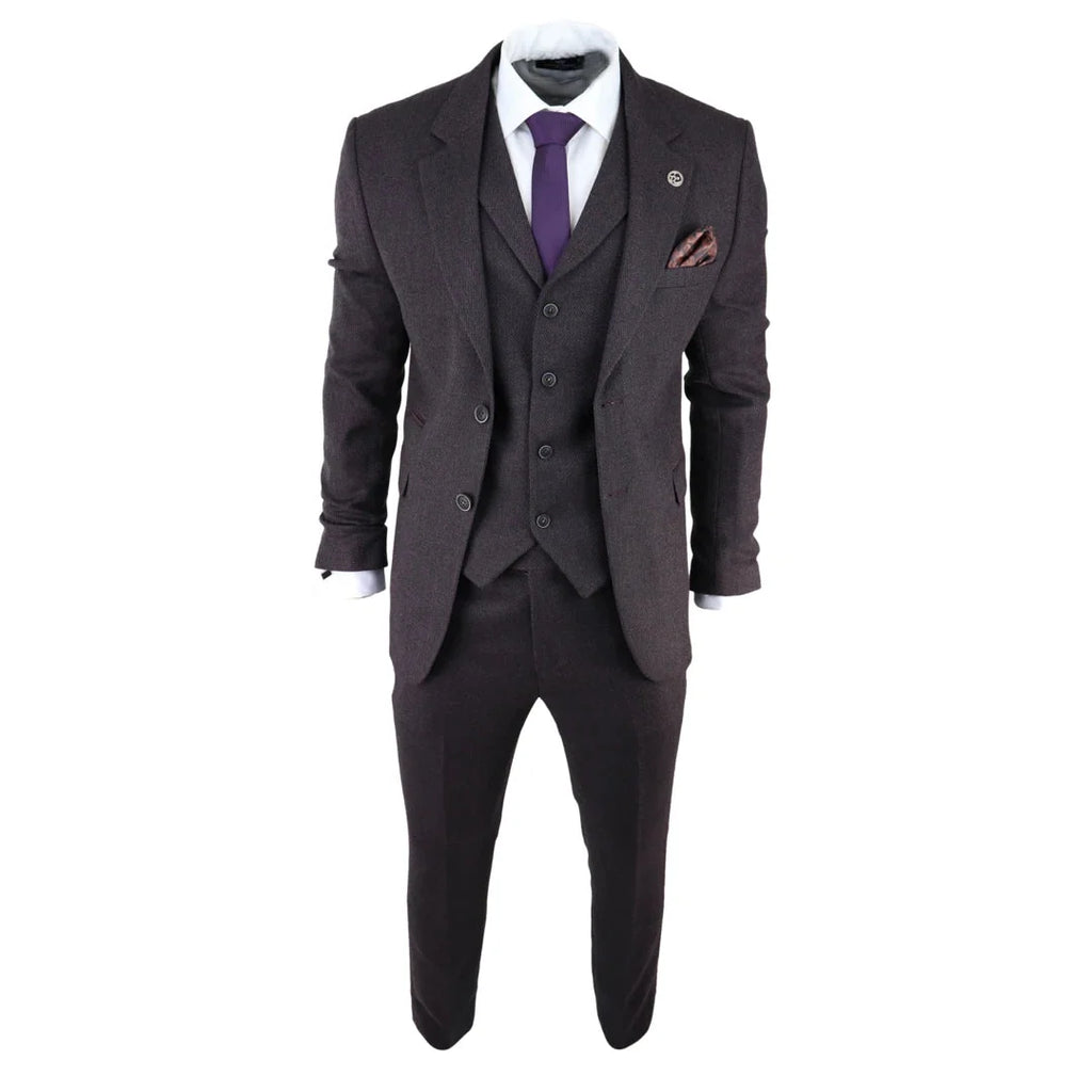 AK-05 - Men's Herringbone Tweed 3 Piece Suit Purple Plum 1920s Blinders