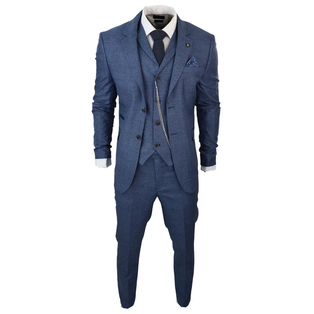 AK-09 - Men's 3 Piece Blue Prince Of Wales Check Suit
