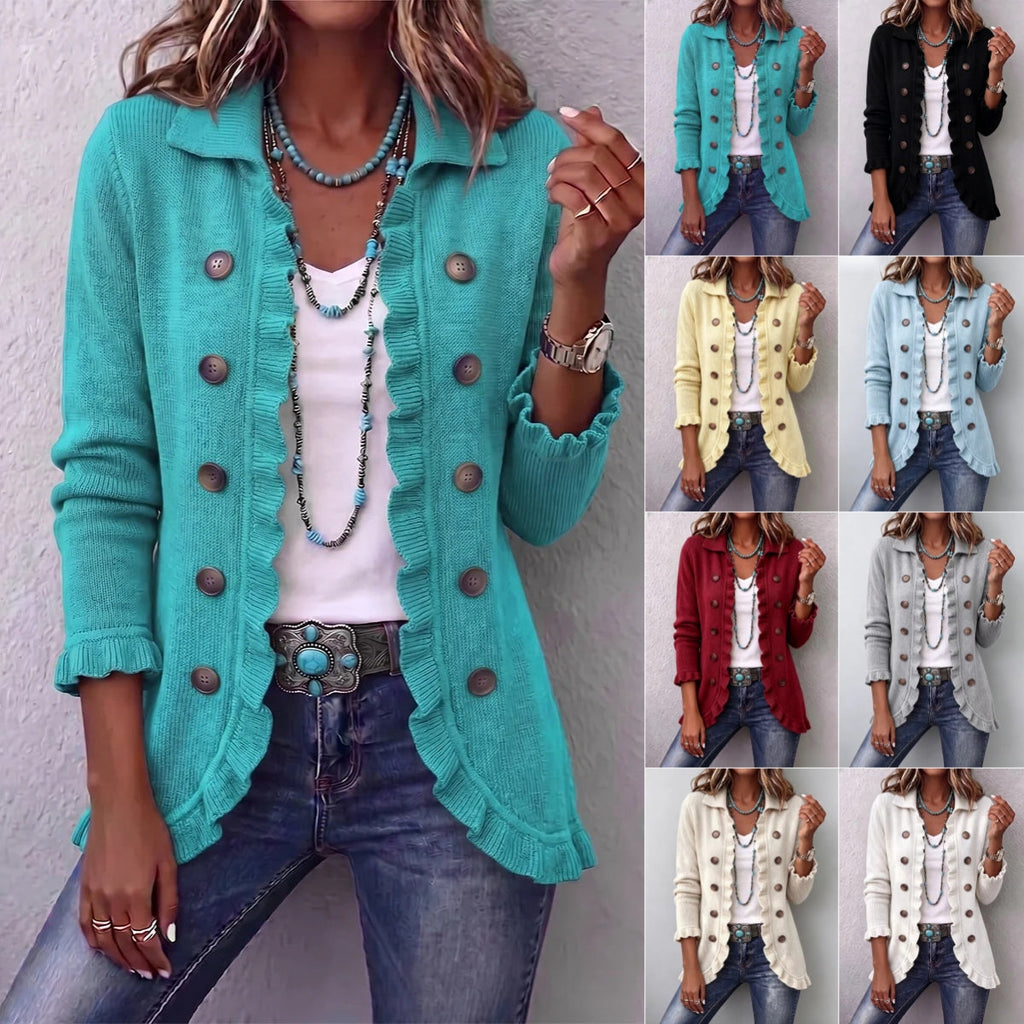 Women's Ruffle Knit Cardigan - Button-Front Long-Sleeve Sweater Jacket for Spring and Autumn