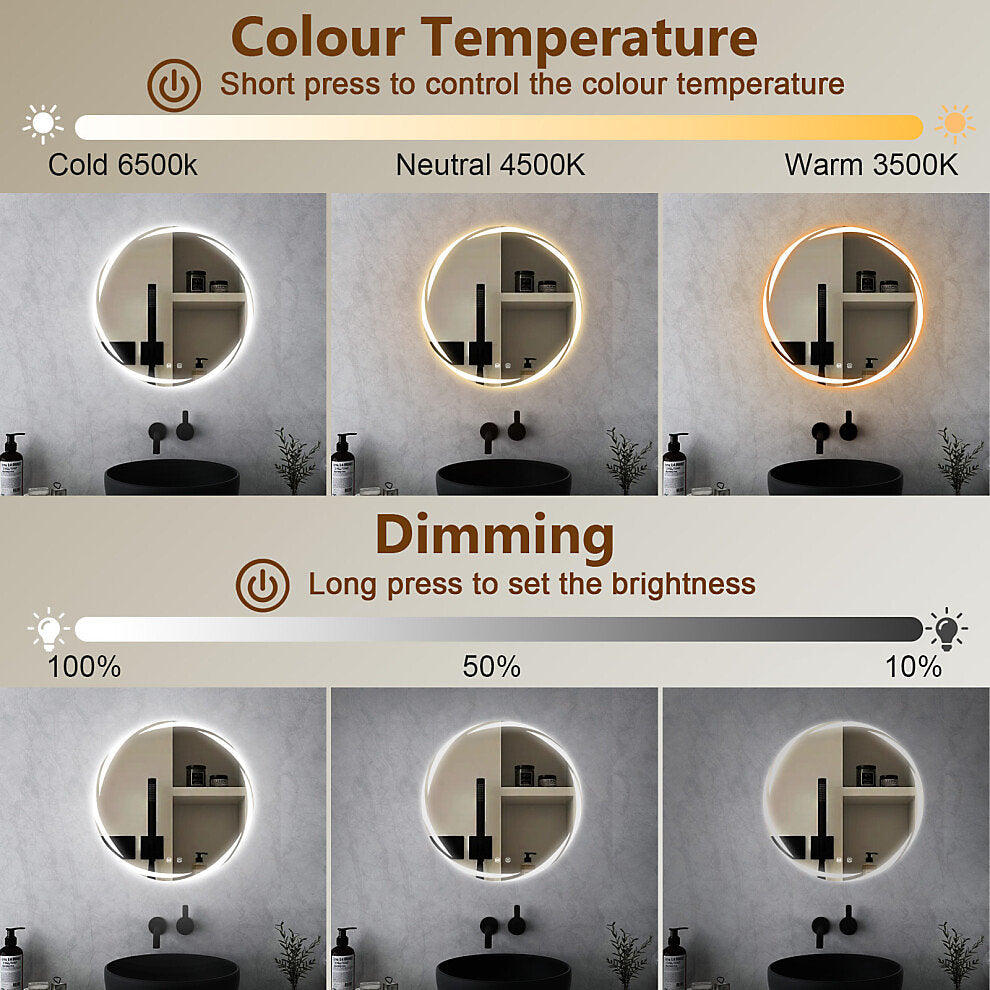 LED Bathroom Mirror Round 60cm Demister Touch Sensor Wall Mounted UK Plug