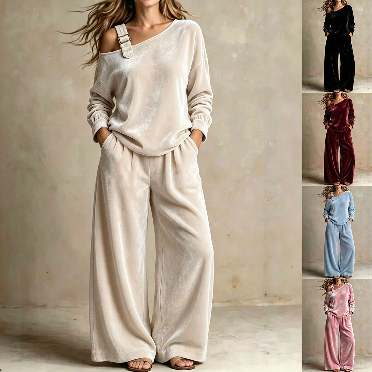 Women's Velvet Two-Piece Set - Off-Shoulder Top and Trousers Loungewear