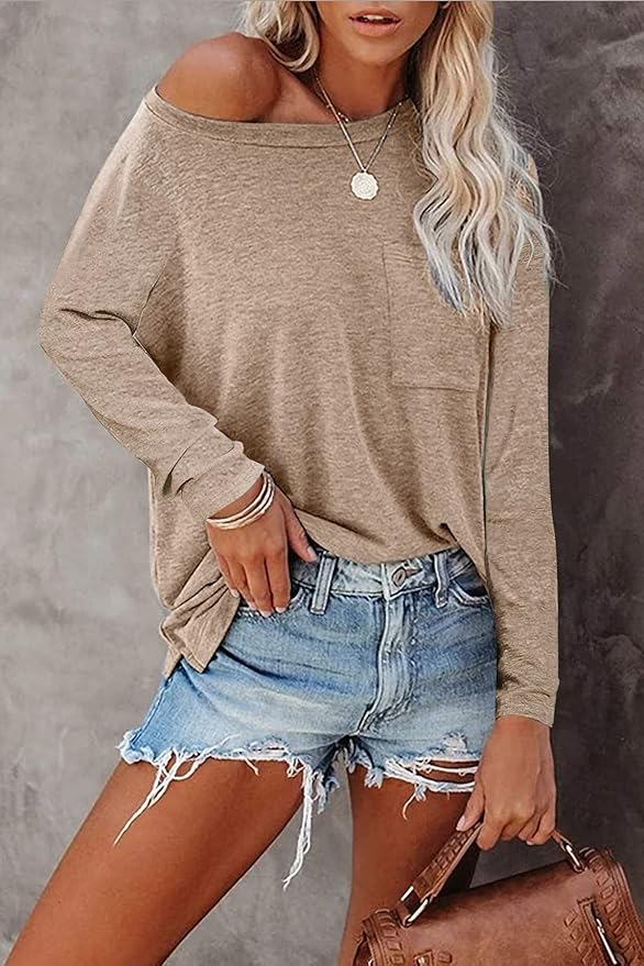 Womens Long Sleeve Shirts Crew Neck Solid Casual Basic Tops Cotton 65%