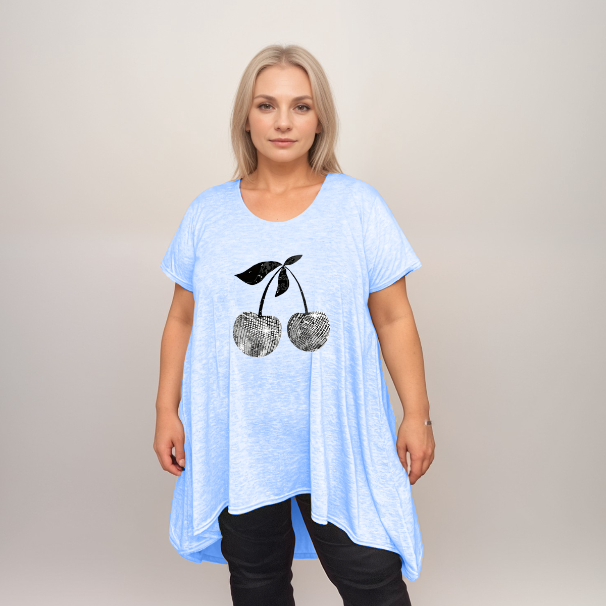 Plus‑Size Pastel Cherry Print Hanky Hem Swing Top