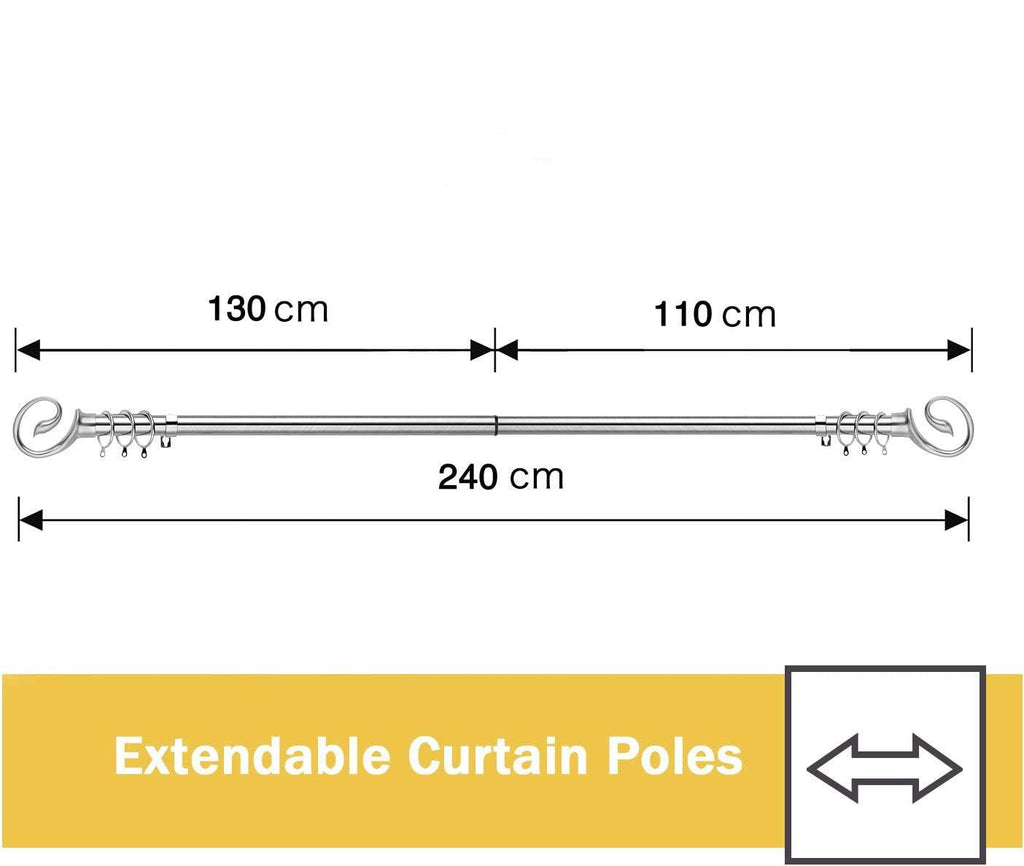Extendable Curtain Pole 130-240cm Chrome 16/19mm Metal Curtain Rod Set