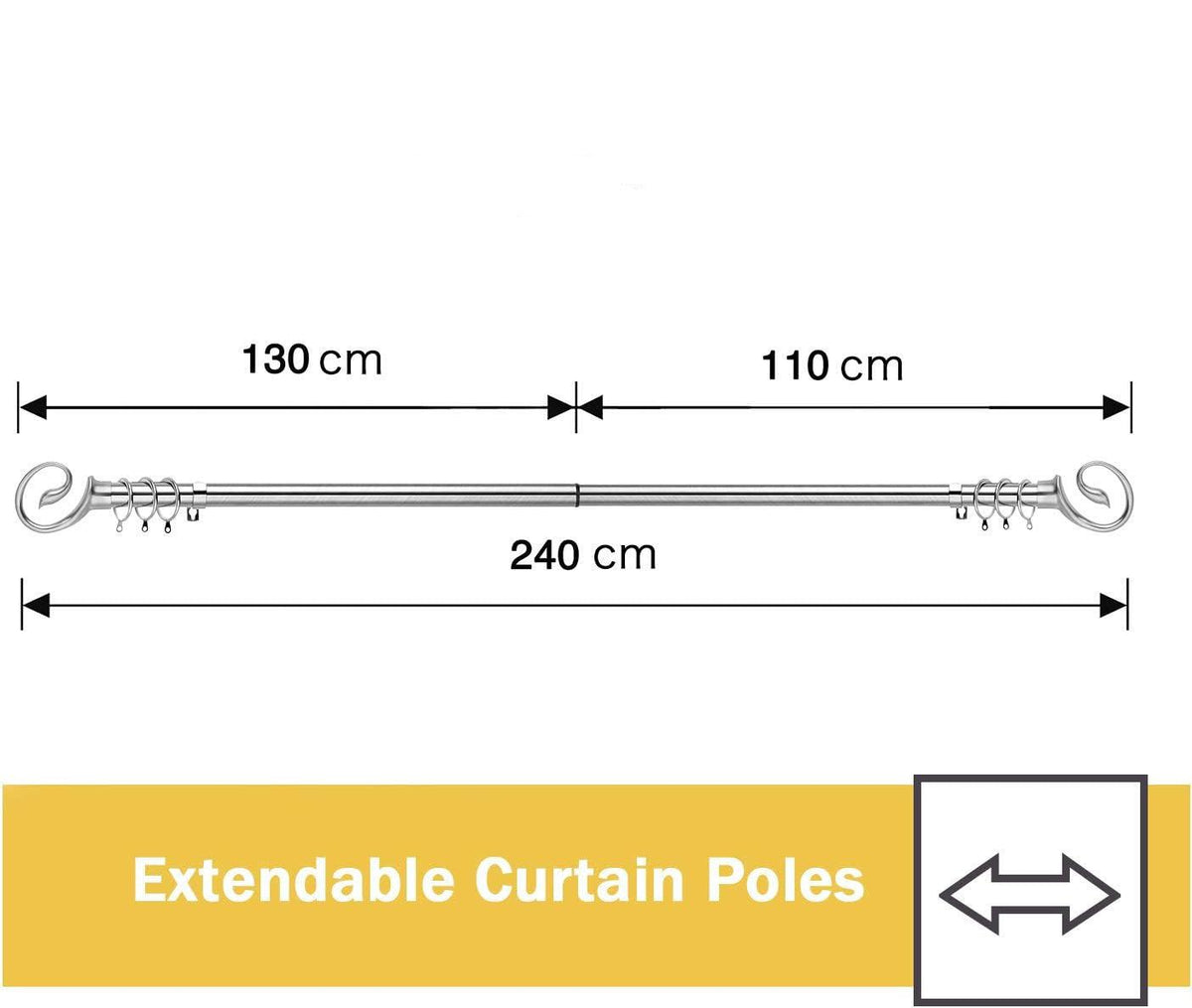 Extendable Curtain Pole 130-240cm Chrome 16/19mm Metal Curtain Rod Set