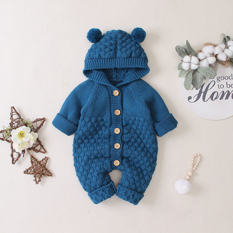 Baby Knitted Hooded Romper - Sleeveless Unisex Bodysuit