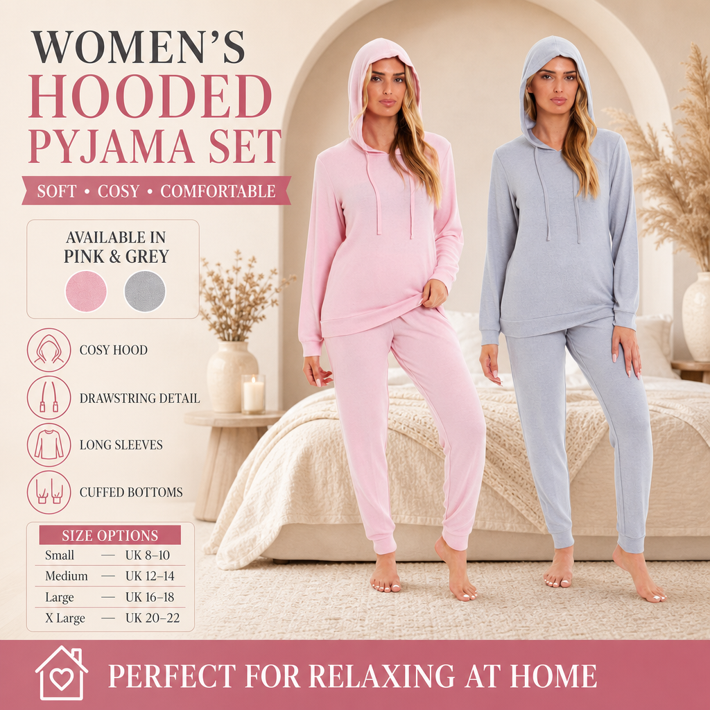 Daisy Dreamer Hooded Pyjama Set Womens Pink Grey Long Sleeve Hoodie and Pants