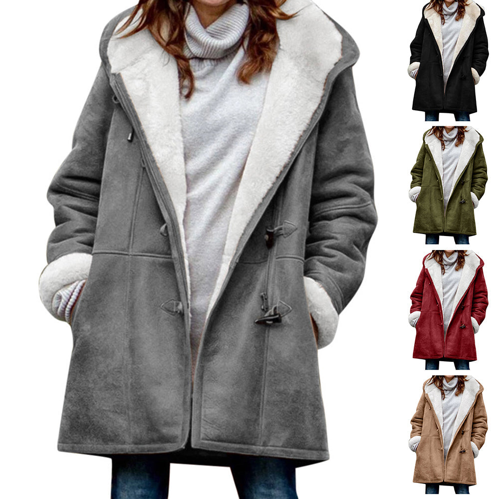 Women's Vintage Fleece Hooded Coat - Warm Button Mid-Length Winter Jacket