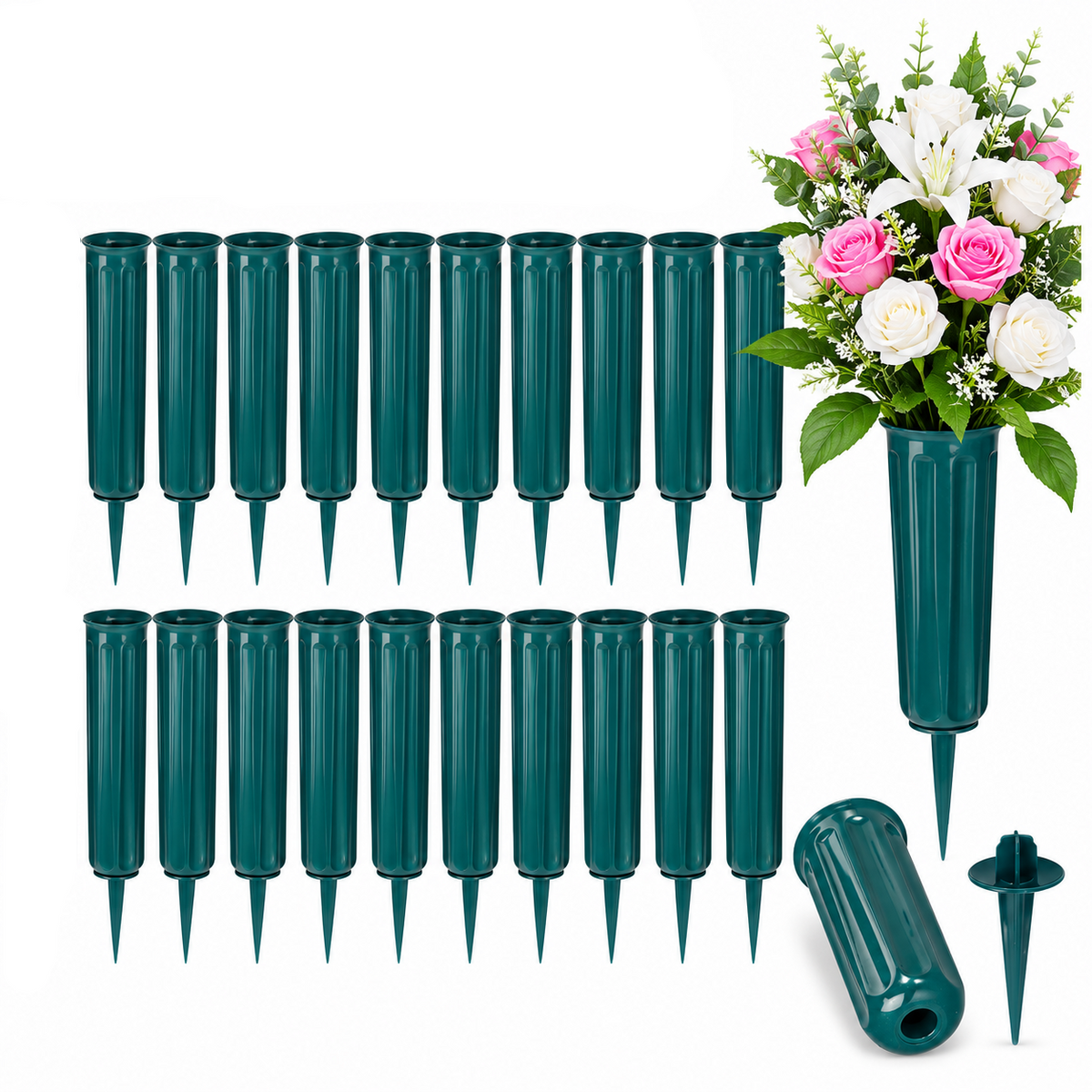 20 Pack Grave Vases with Spikes Cemetery Flower Pots Memorial Holders Dark Green