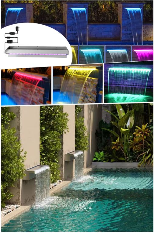 Pool Water Blade Waterfall Fountain LED Light Stainless Steel Garden Spa Wall