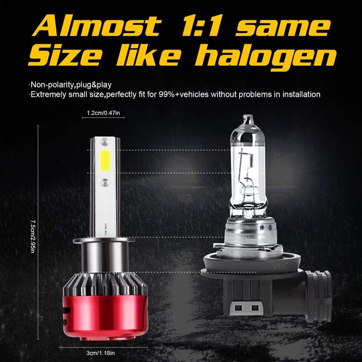 H1 LED Headlight Bulbs Pair 6000K White 9000LM Super Bright Fog High Beam
