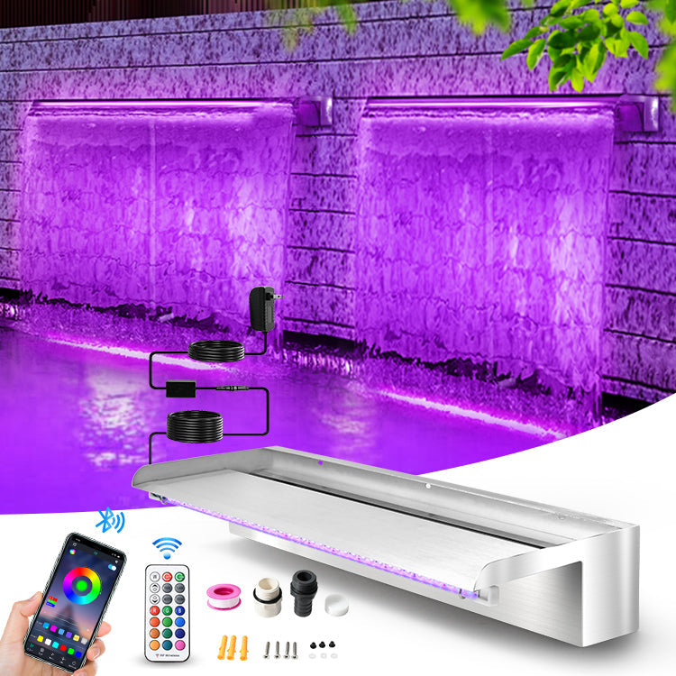 Pool Water Blade Waterfall Fountain LED Light Stainless Steel Garden Spa Wall