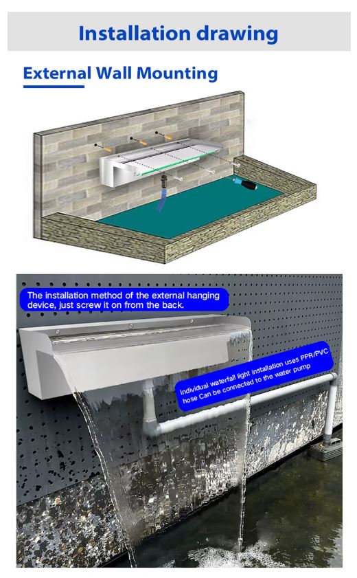 Pool Water Blade Waterfall Fountain LED Light Stainless Steel Garden Spa Wall