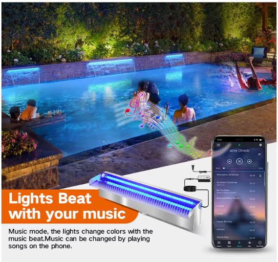 Pool Waterfall Fountain with LED Light Stainless Steel Rectangular Spa Cascade