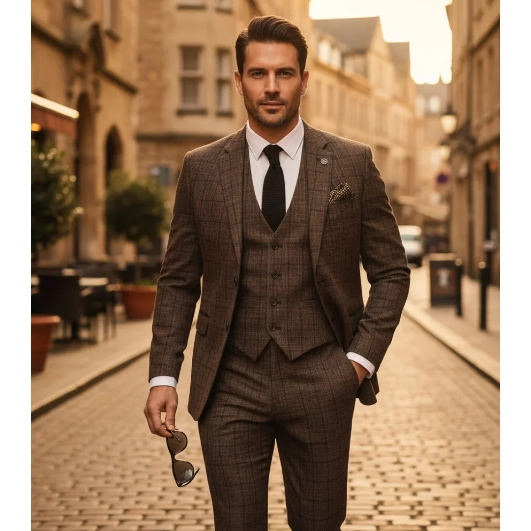 IM11 - Men's Dark Brown 3 Piece Plaid Check Suit