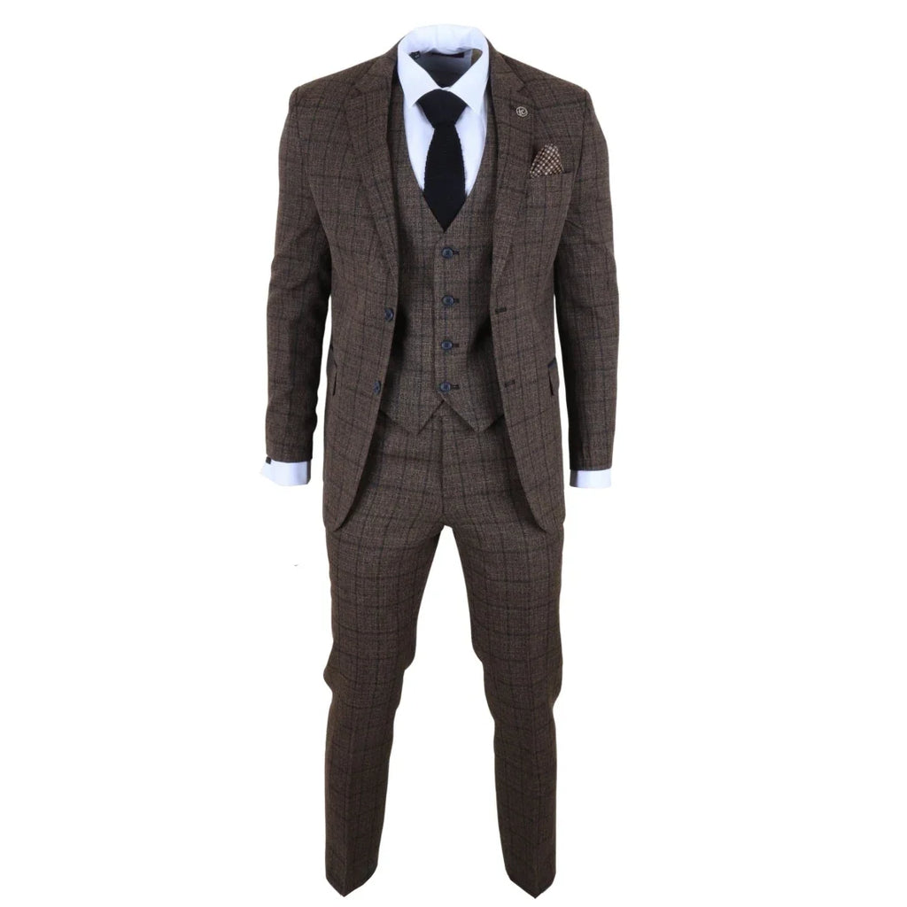 IM11 - Men's Dark Brown 3 Piece Plaid Check Suit