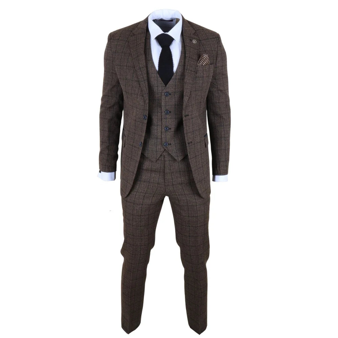 IM11 - Men's Dark Brown 3 Piece Plaid Check Suit