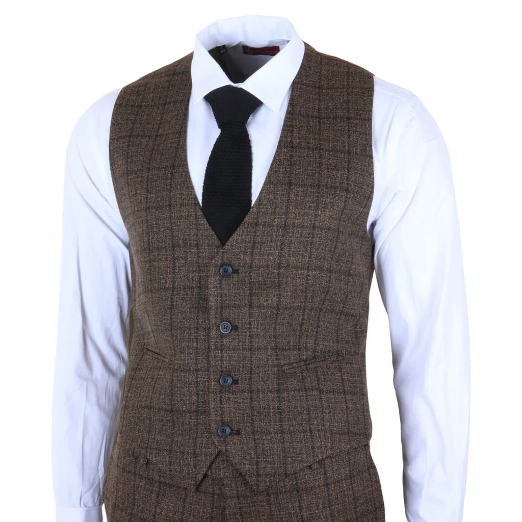 IM11 - Men's Dark Brown 3 Piece Plaid Check Suit