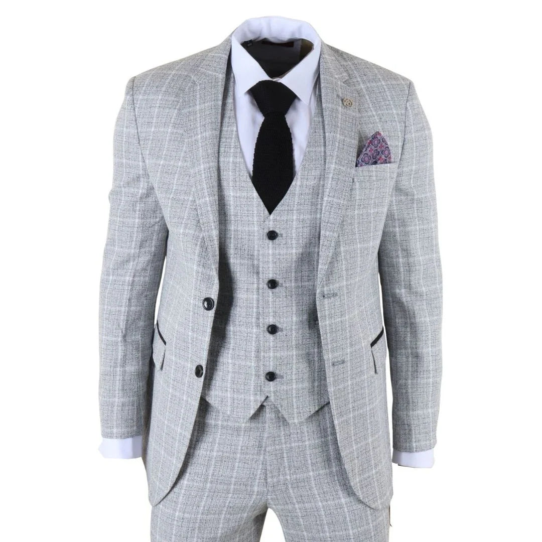 IM11 - Men's Grey 3 Piece Tailored Fit Check Suit