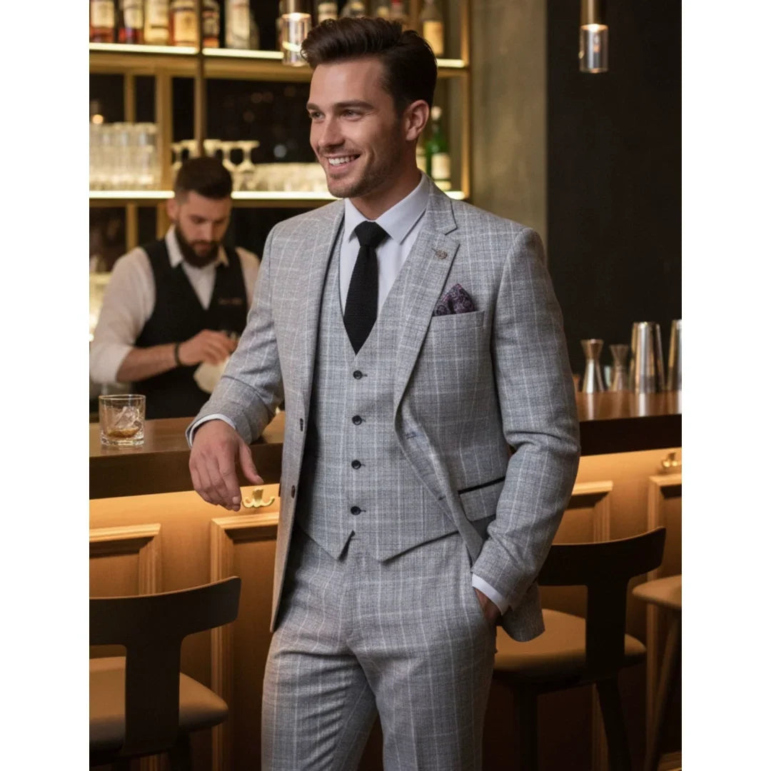 IM11 - Men's Grey 3 Piece Tailored Fit Check Suit