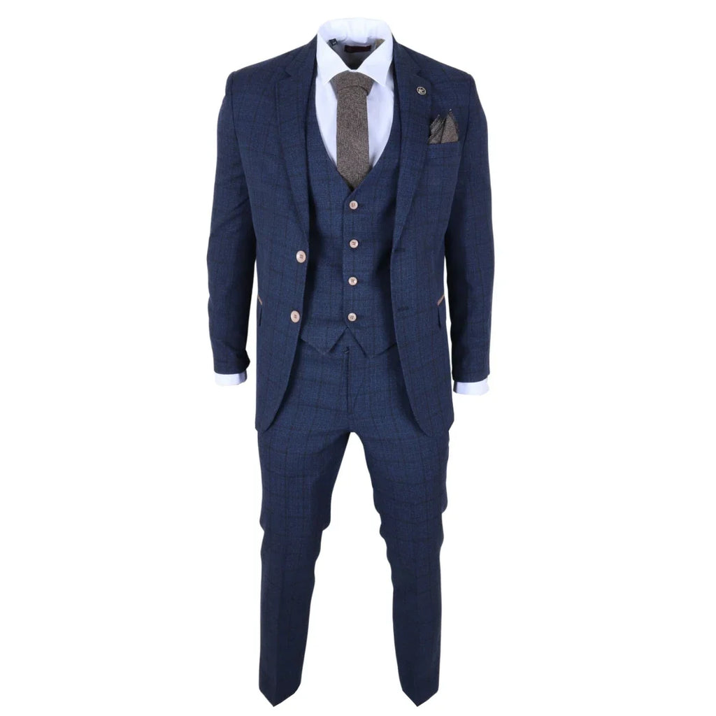 IM11 - Men's Navy 3 Piece Plaid Check Suit