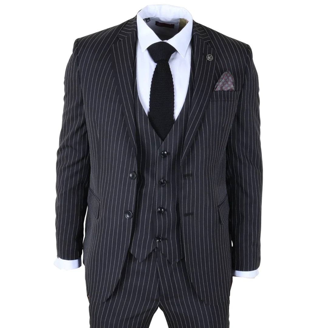 IM45 - Men's Classic Pinstripe 3 Piece Black Suit