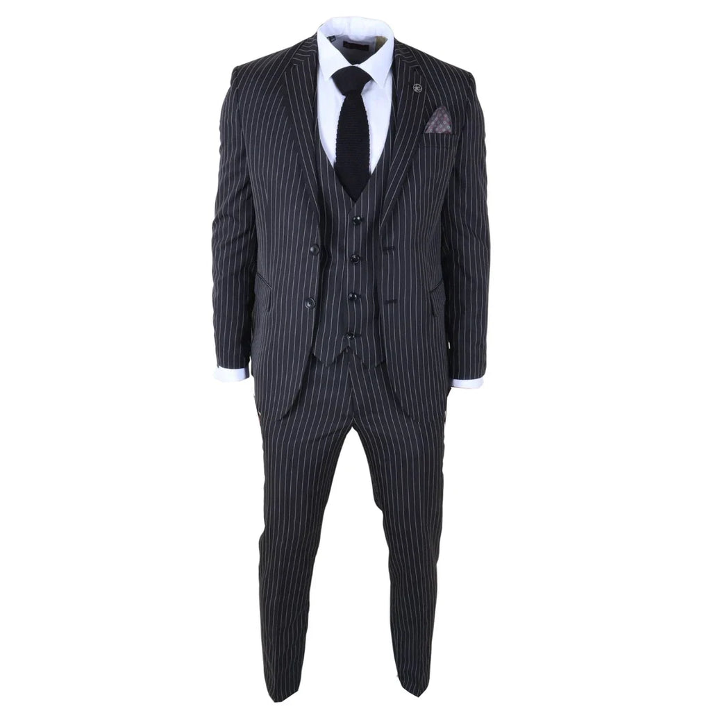 IM45 - Men's Classic Pinstripe 3 Piece Black Suit