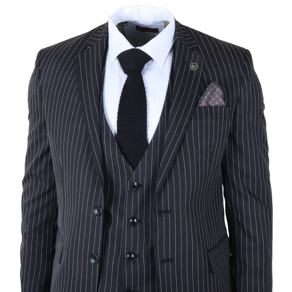 IM45 - Men's Classic Pinstripe 3 Piece Black Suit