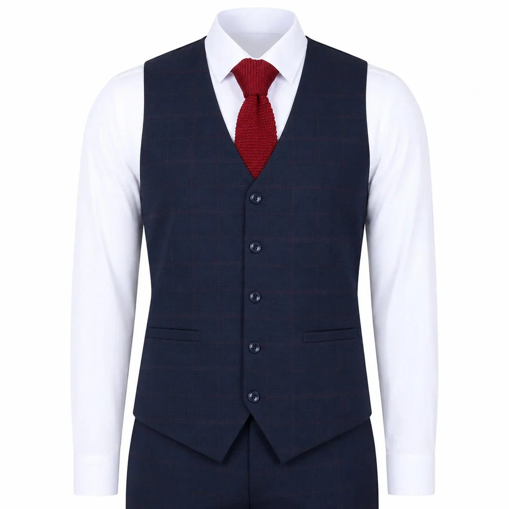 IM54 - Men's Navy Blue Check Tailored Fit 3 Piece Suit