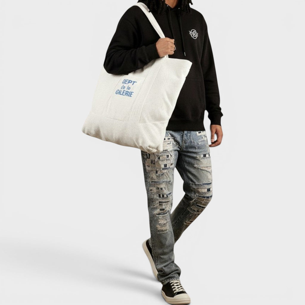 Logo-Print Cotton-Corduroy Tote Bag White