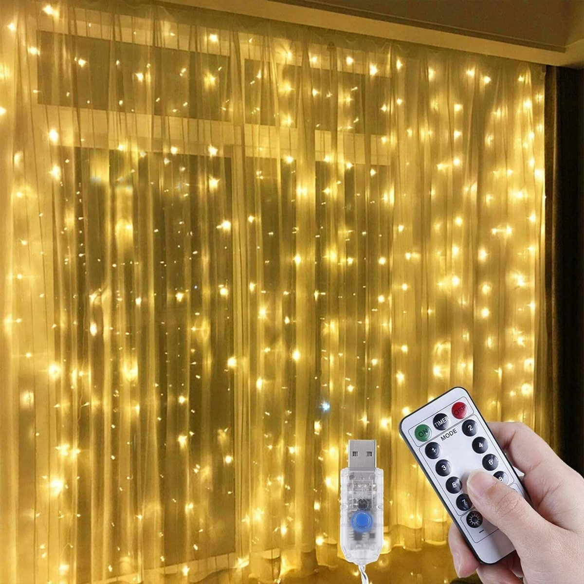 LED USB Light Curtain 3x3M 300 LEDs 8 Modes Warm White Indoor Anpro