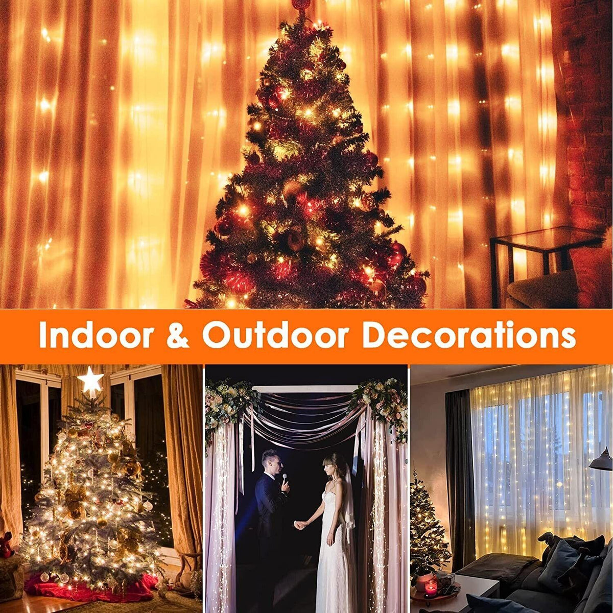 LED USB Light Curtain 3x3M 300 LEDs 8 Modes Warm White Indoor Anpro