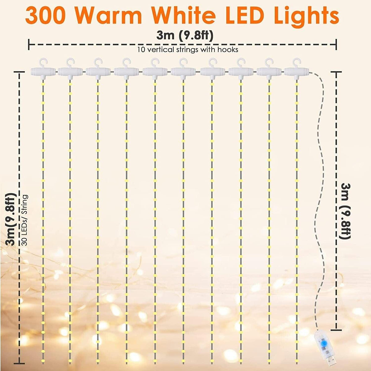 LED USB Light Curtain 3x3M 300 LEDs 8 Modes Warm White Indoor Anpro