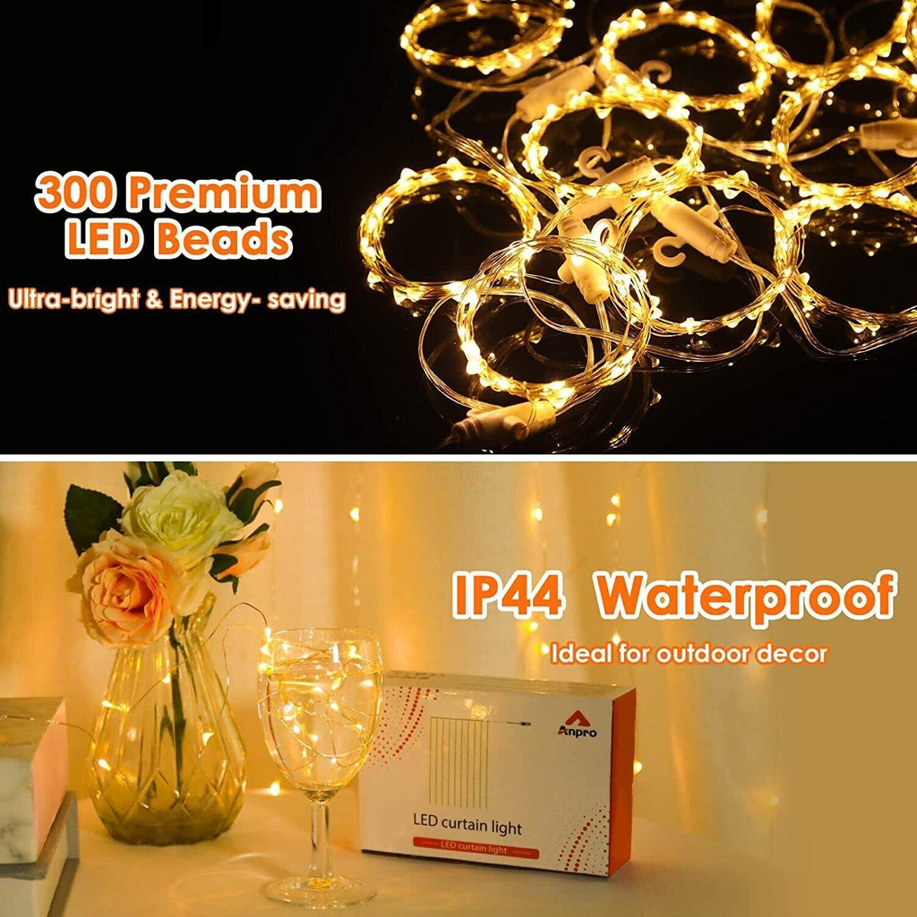 LED USB Light Curtain 3x3M 300 LEDs 8 Modes Warm White Indoor Anpro